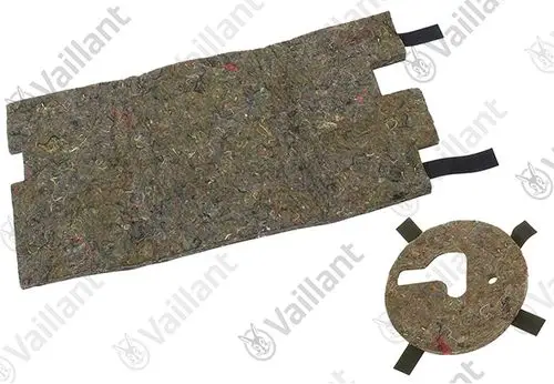 Vaillant-Isoliermaterial in Form einer Platte und einer runden Abdeckung, hergestellt aus einer Textil-ähnlichen Struktur, vermutlich zur Geräusch- und Wärmeisolierung.